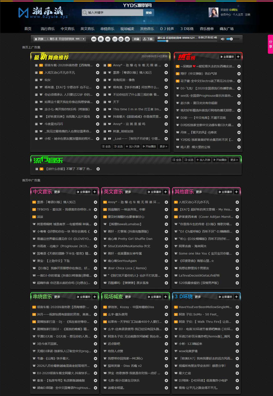 EMLOG6.0最新CYP音乐主题网模板源码 炫酷黑色主题DJ网