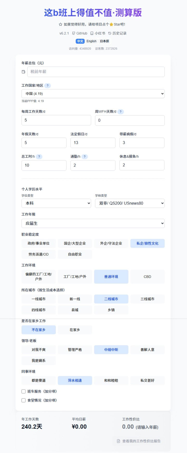 工作性价比计算器 – 这b班上得值不值·测算版